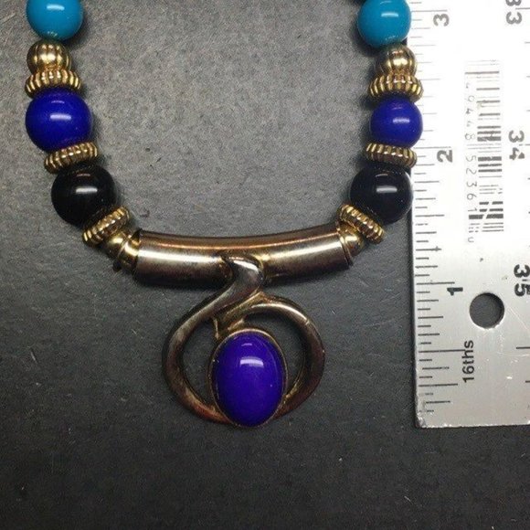 Retro Necklace Gold Slider Pendant Purple Turquoise Blue Black Fluted Round BoHo - Picture 5 of 6